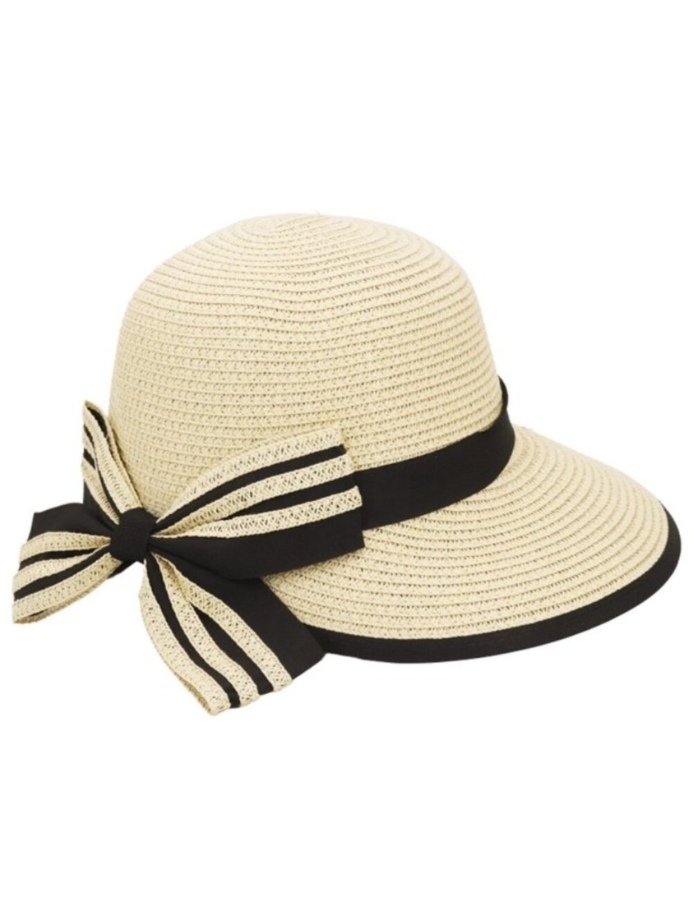 Sun Hat Striped Ribbon Bowtie Bucket Brim Paper Straw